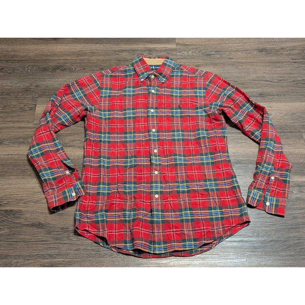 Ralph Lauren Custom Fit Tartan Plaid Button Down Shirt Mens M Red Holiday